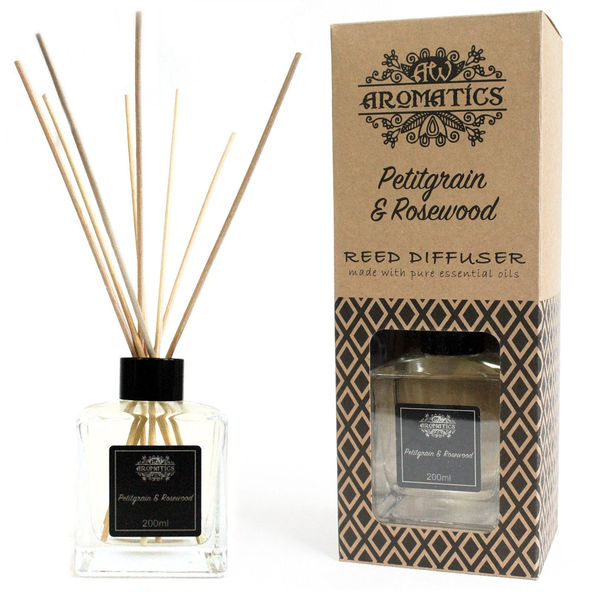 DIFFUSEUR D'HUILES ESSENTIELLES BÂTONNETS - PETIT-GRAIN & BOIS DE ROSE - 200ml - Fabriqué en Angleterre