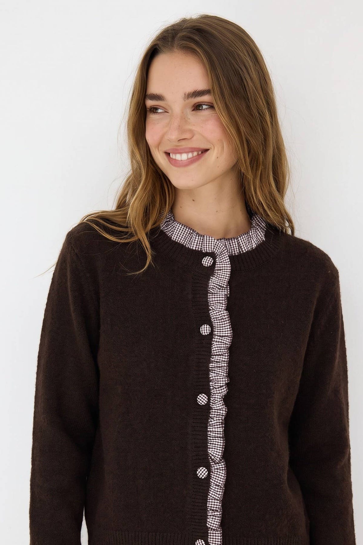 Cardigan Feminino de Tricô Andy & Lucy Paris com Babados Xadrez