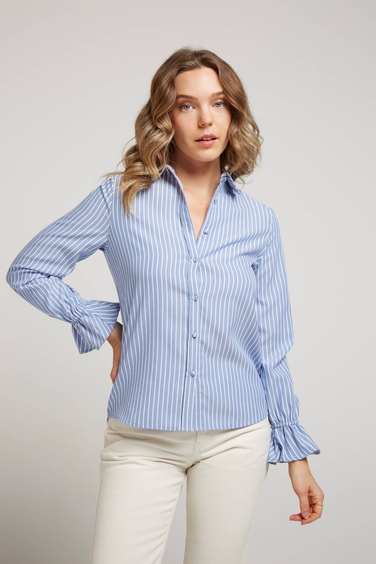 BLUE STRIPED SHIRT, TRUMPET SLEEVES, 100% COTTON