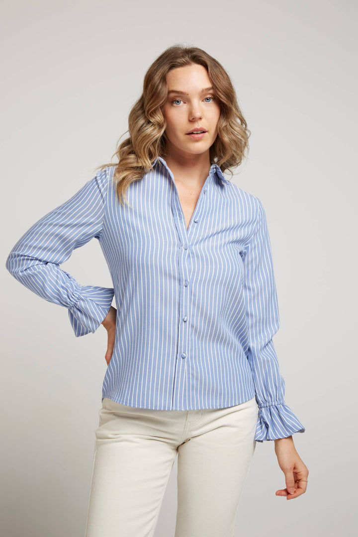 Camisa Risca Azul, mangas trompete 100% algodão - Andy & Lucy Paris