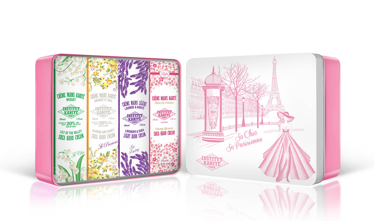 COLLECTION CRÈME MAINS ROSE MADEMOISELLE - COFFRET MÉTAL ROSE MADEMOISELLE. 4 Crèmes Mains 30 ML. Fabriqué en France.
