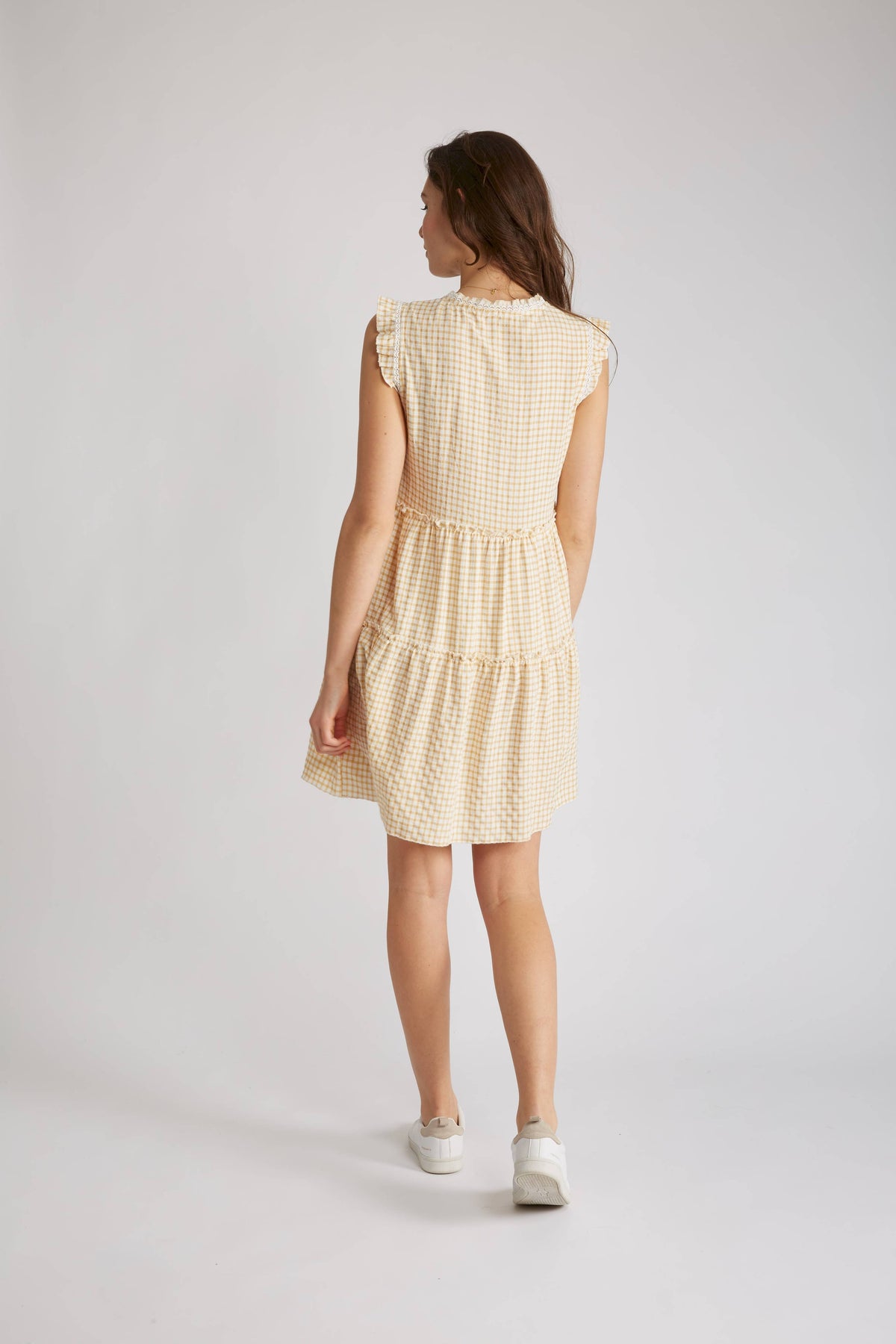 ROBE COURTE SANS MANCHES À CARREAUX VICHY OLIVE