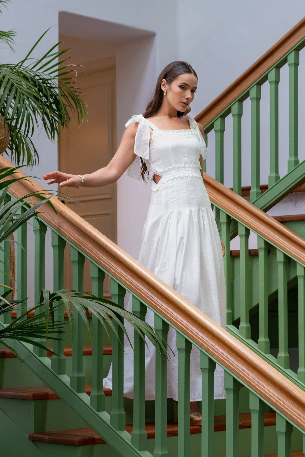 LONG DRESS WITH TIE STRAPS - HAND-CRAFTED DETAILS WHITE - PARIS