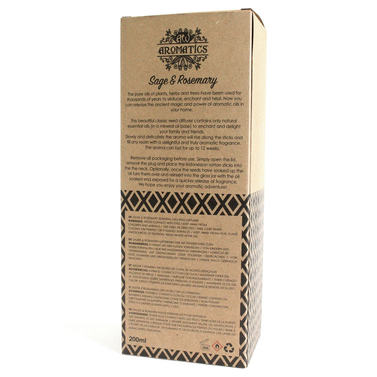 DIFFUSEUR D'HUILES ESSENTIELLES BÂTONNETS- SAUGE & ROMARIN 200ML- Fabriqué en Angleterre