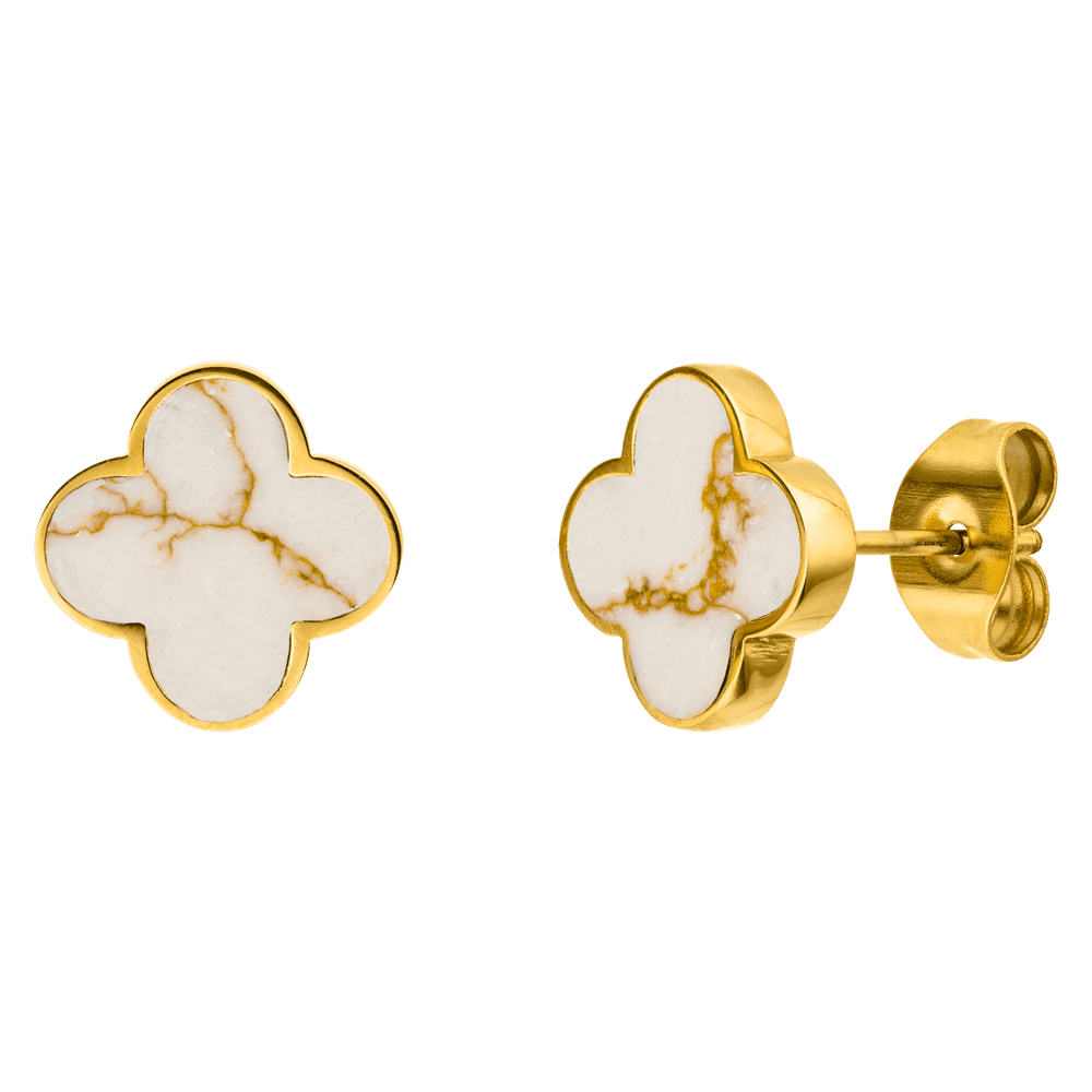 BOUCLES D'OREILLES TRÈFLE BLANC plaquées or 18 carats - Fabriquées en Allemagne