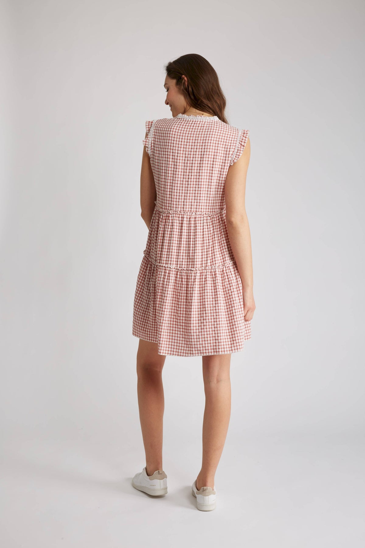 ROBE COURTE SANS MANCHES À CARREAUX VICHY OLIVE