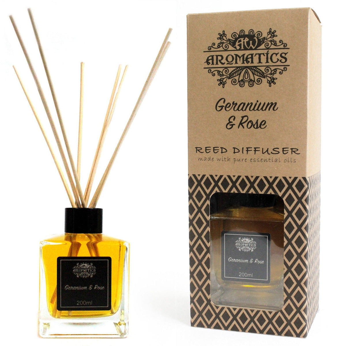 DIFFUSEUR DE PARFUM À BÂTONNETS - GÉRANIUM ET ROSE 200 ml - Fabriqué en Angleterre