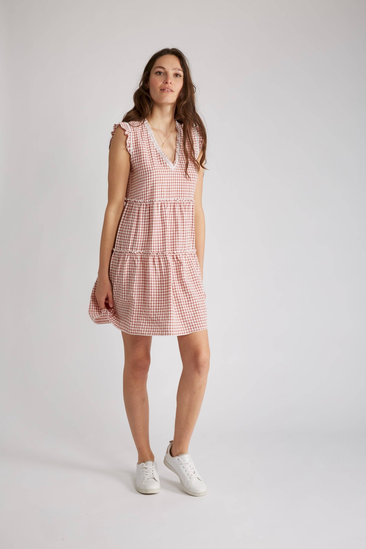 ROBE COURTE SANS MANCHES À CARREAUX VICHY OLIVE