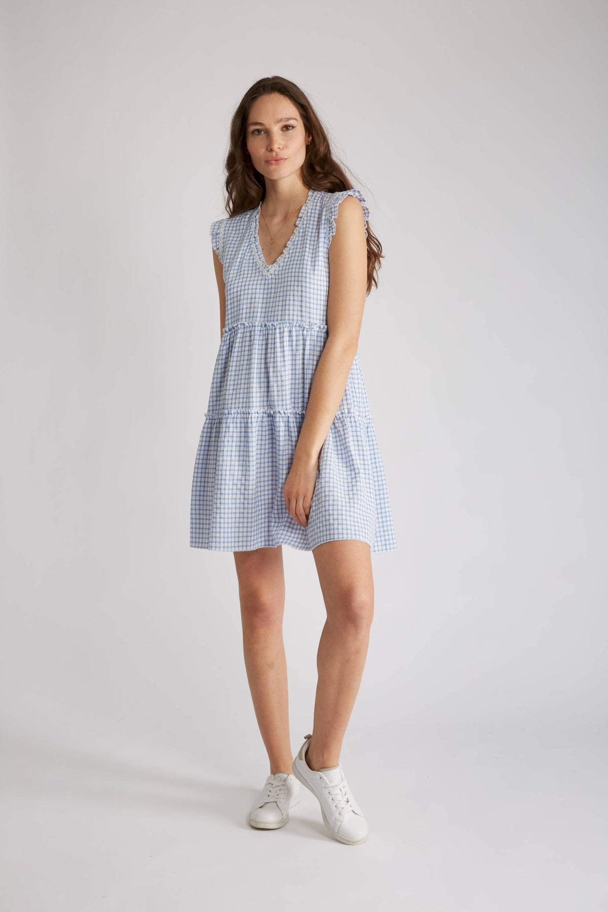 ROBE COURTE SANS MANCHES À CARREAUX VICHY OLIVE