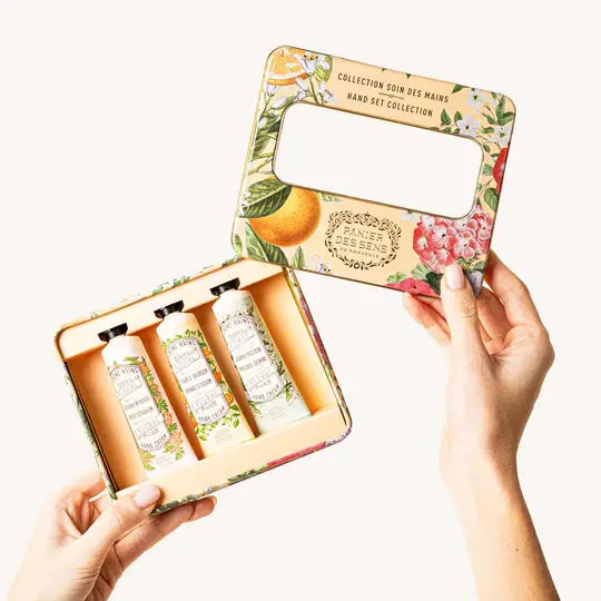 KIT MAINS -PREMIUM- BOÎTE MÉTAL Jasmin, Fleur d’Oranger et Géranium-rose. Fabriqué en France