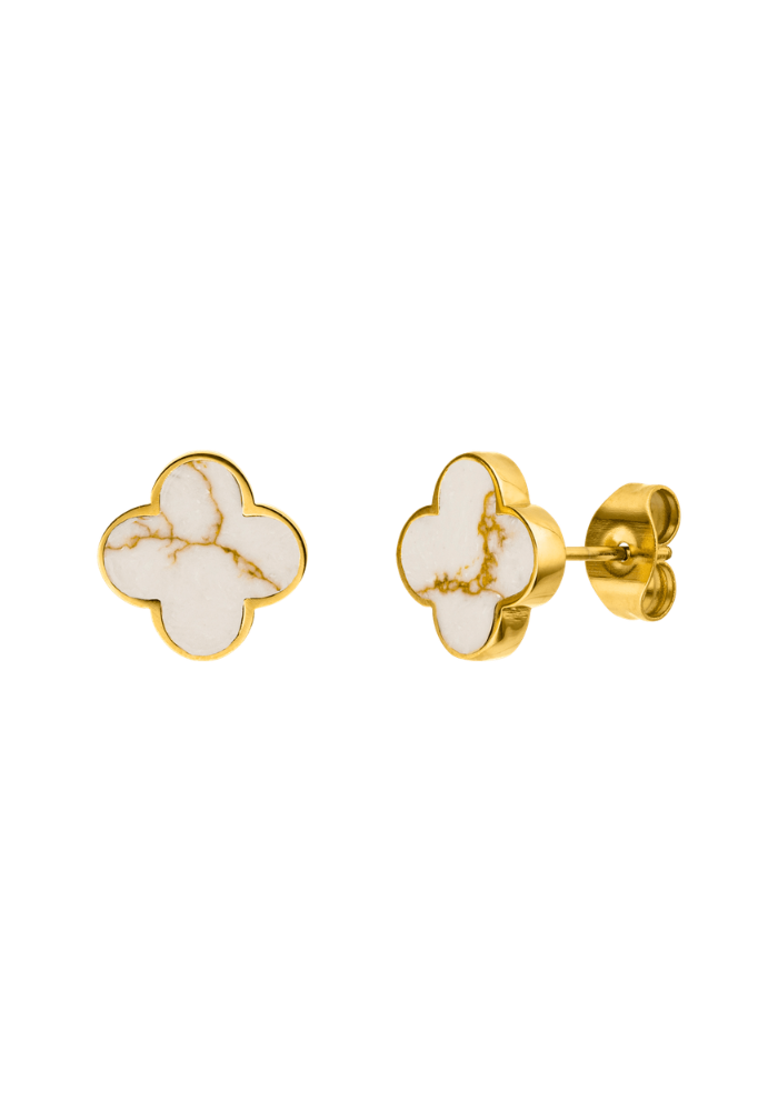 BOUCLES D'OREILLES TRÈFLE BLANC plaquées or 18 carats - Fabriquées en Allemagne