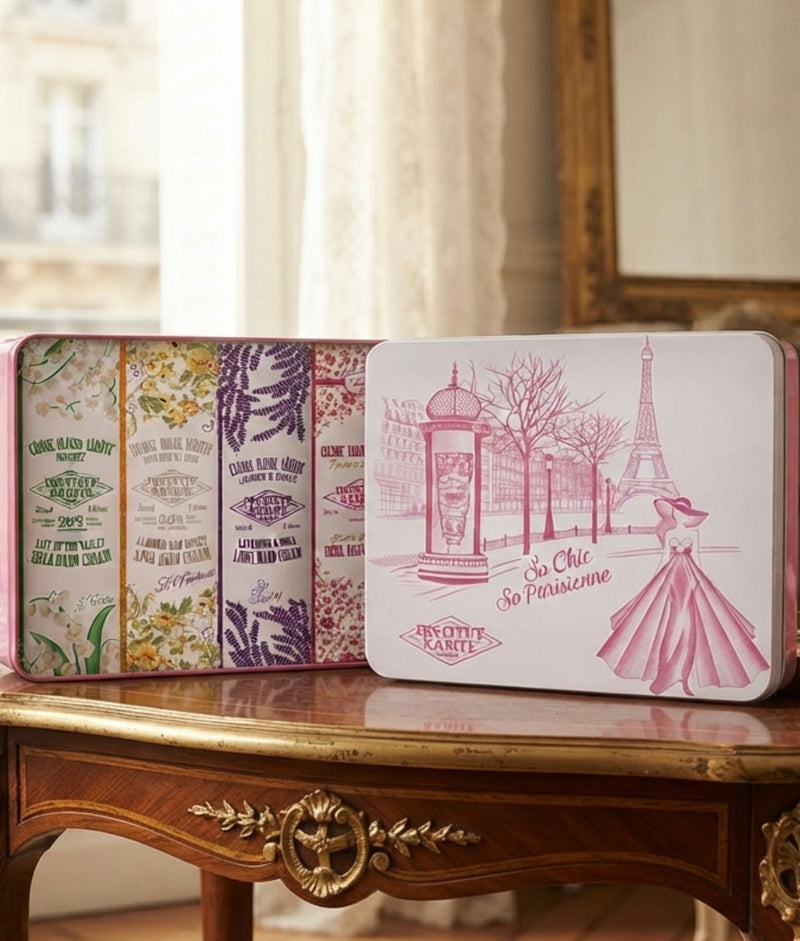 ROSE MADEMOISELLE METALBOX. 4 handcrèmes 30ML. Gemaakt in Frankrijk
