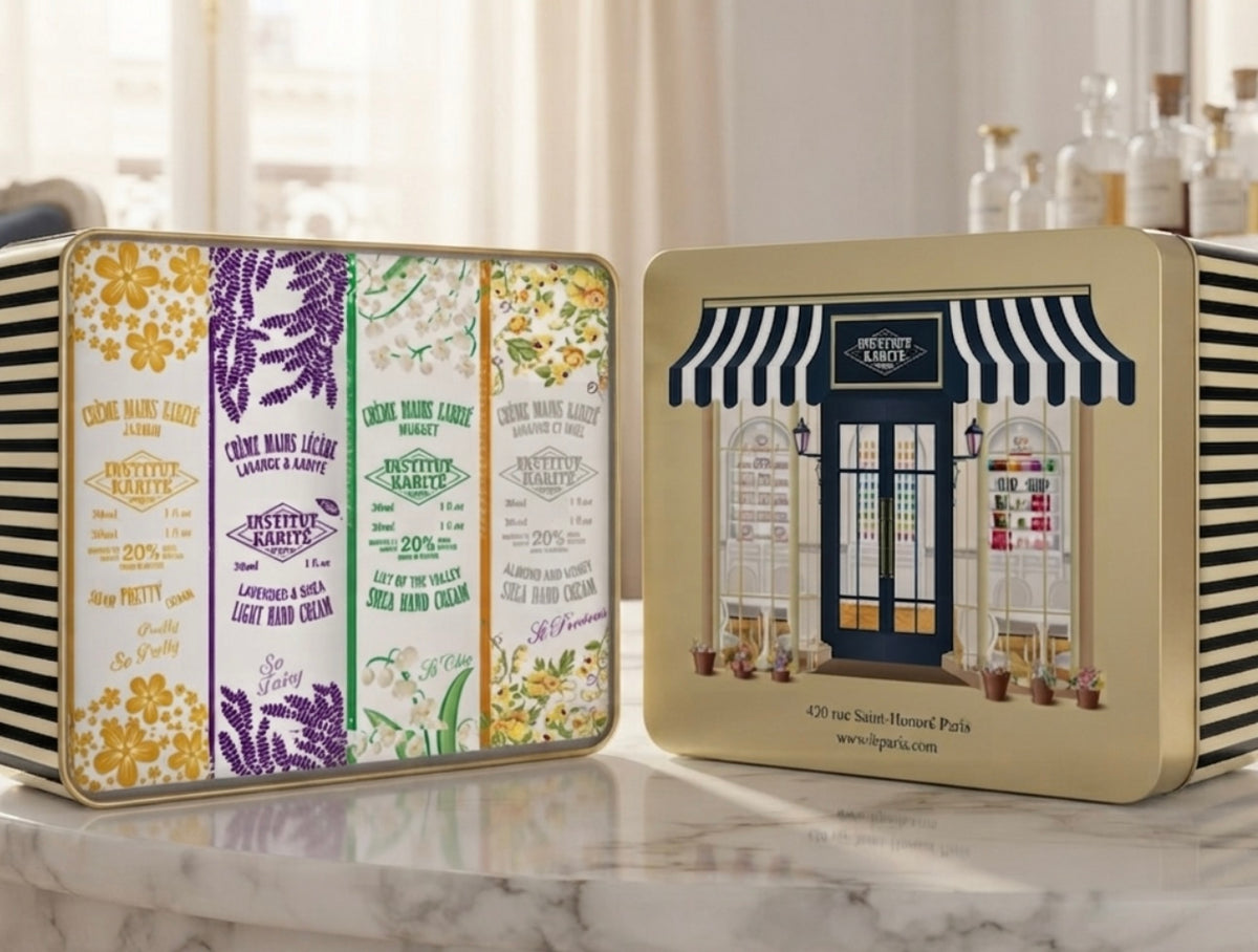 HAND CREAM COLLECTION -IKP SHOP METAL BOX, PARISIAN STYLE - 4 Hand Creams 30ML. Made in France. Institut Karité Paris