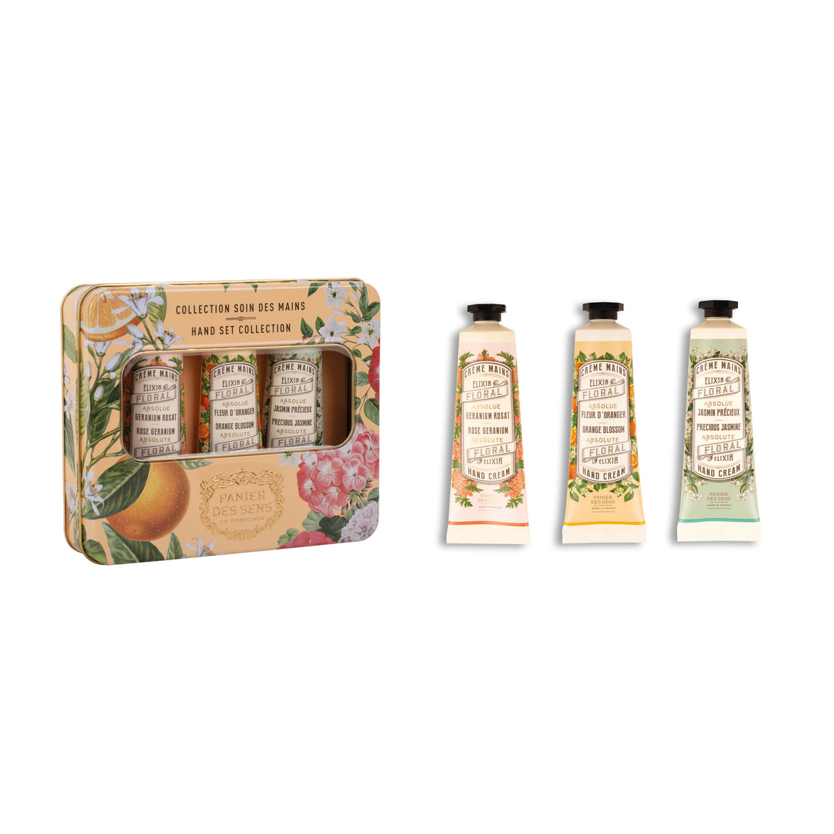 KIT MAINS -PREMIUM- BOÎTE MÉTAL Jasmin, Fleur d’Oranger et Géranium-rose. Fabriqué en France