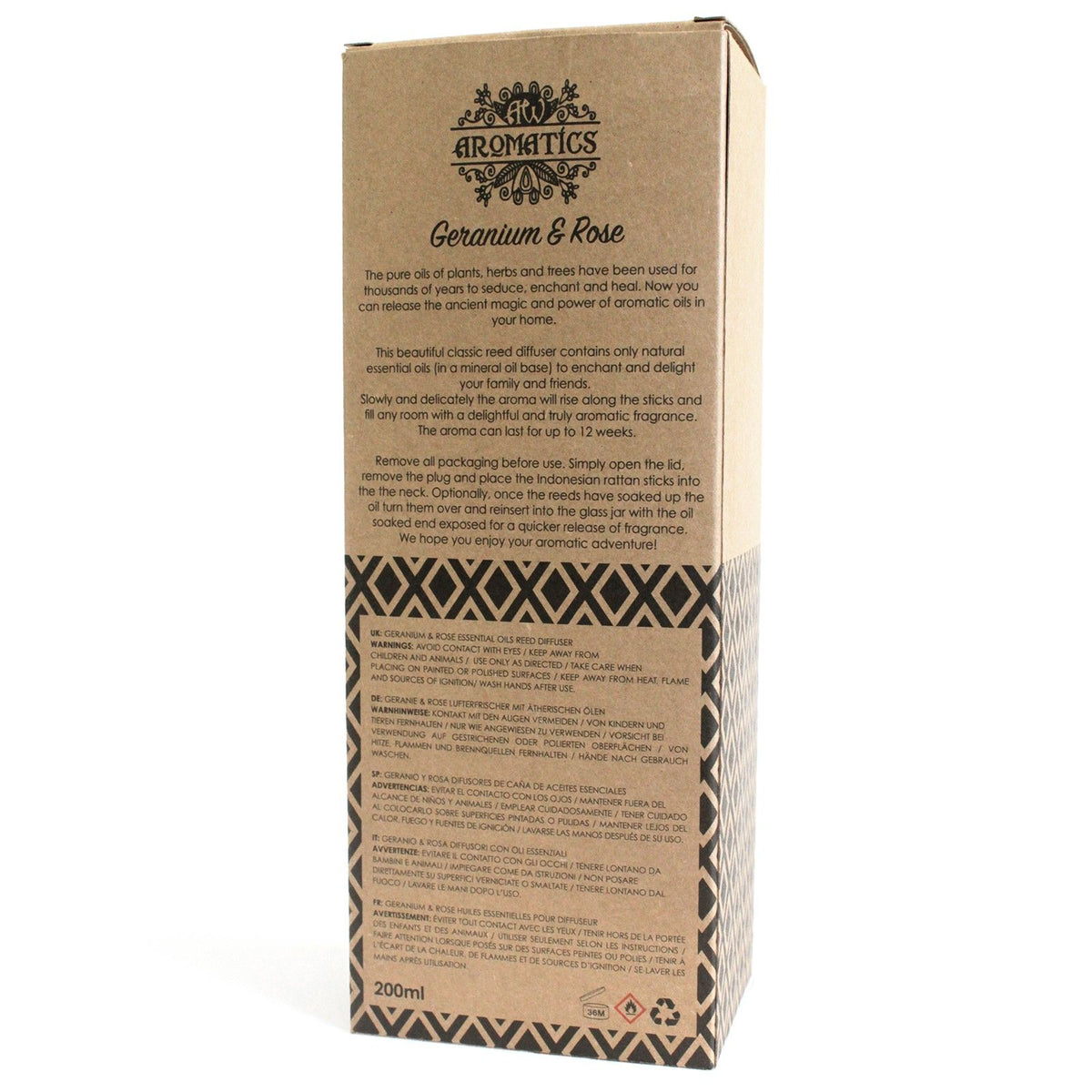 DIFFUSEUR DE PARFUM À BÂTONNETS - GÉRANIUM ET ROSE 200 ml - Fabriqué en Angleterre