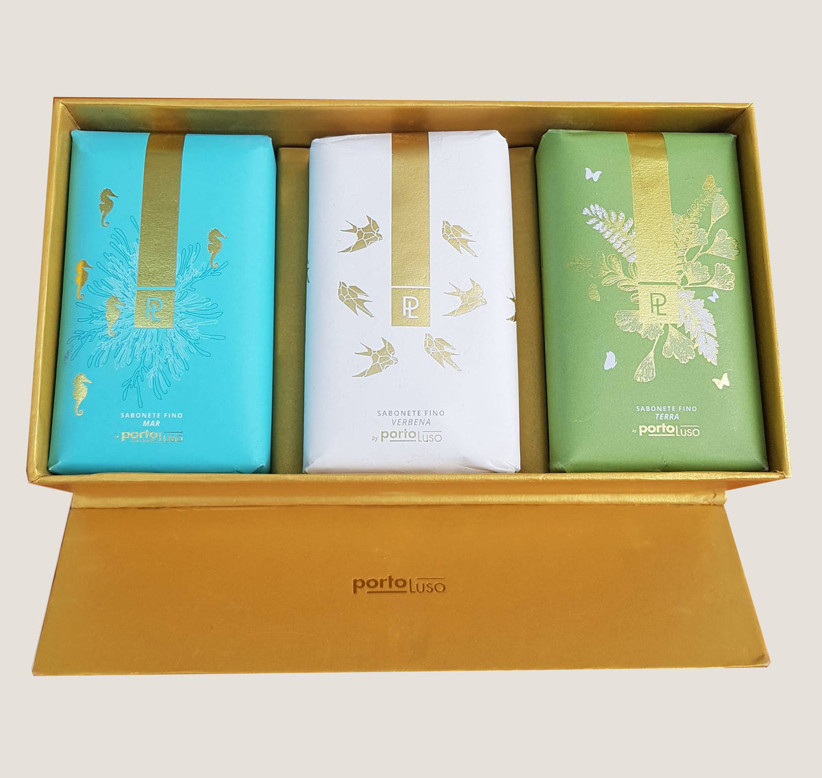 SOAP PORTO LUSO BOX 03 SOAPS GOLD NATURE SEA-SWALLOW AND EARTH.Not tested on animals