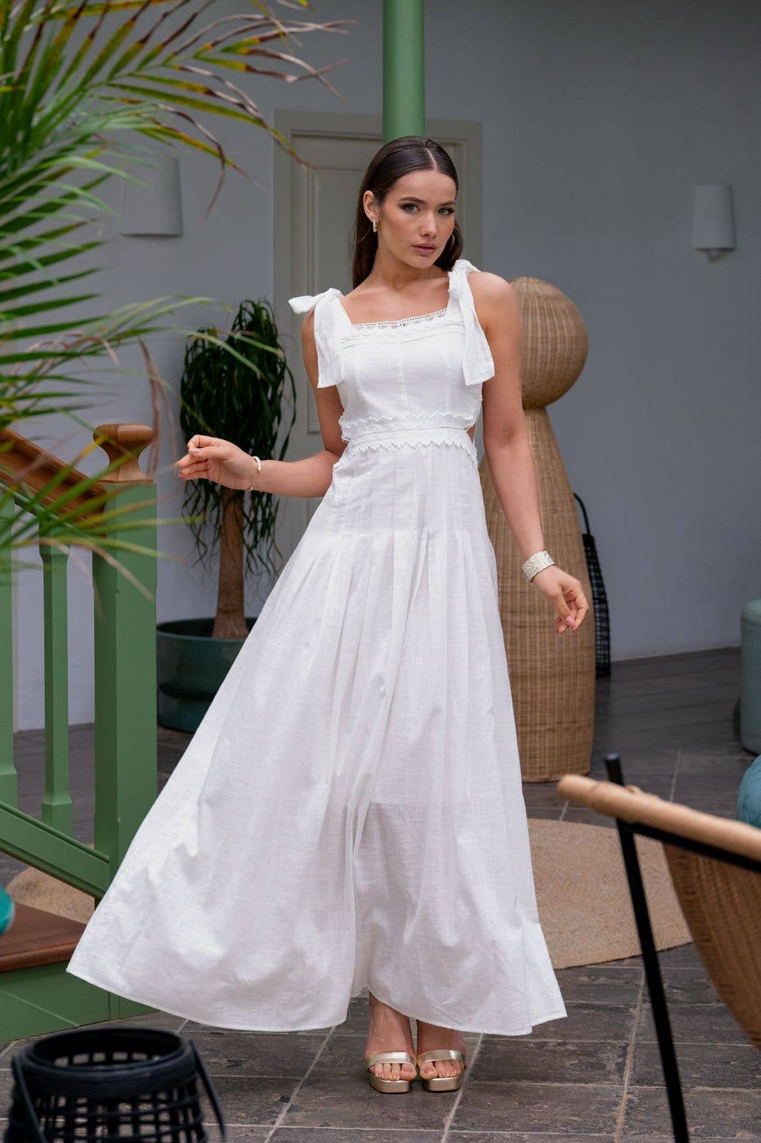 LONG DRESS WITH TIE STRAPS - HAND-CRAFTED DETAILS WHITE - PARIS