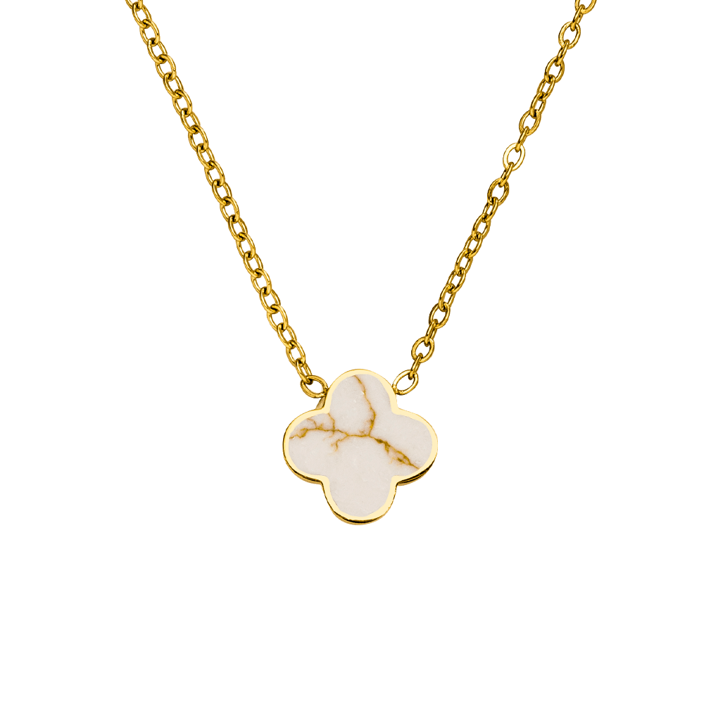 COLLIER TRÈFLE BLANC ET DORÉ avec placage or 18 carats - Fabriqué en Allemagne