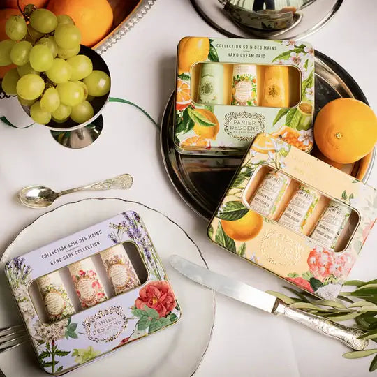 KIT MAINS -PREMIUM- BOÎTE MÉTAL Jasmin, Fleur d’Oranger et Géranium-rose. Fabriqué en France