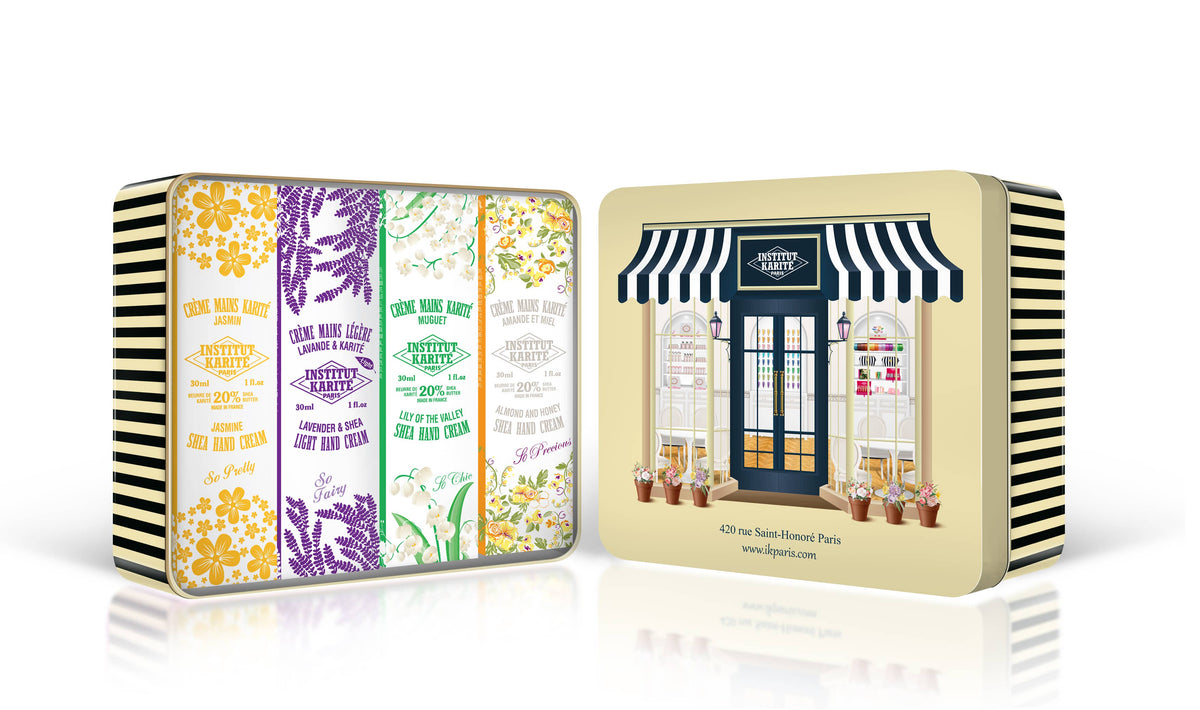 HAND CREAM COLLECTION -IKP SHOP METAL BOX, PARISIAN STYLE - 4 Hand Creams 30ML. Made in France. Institut Karité Paris
