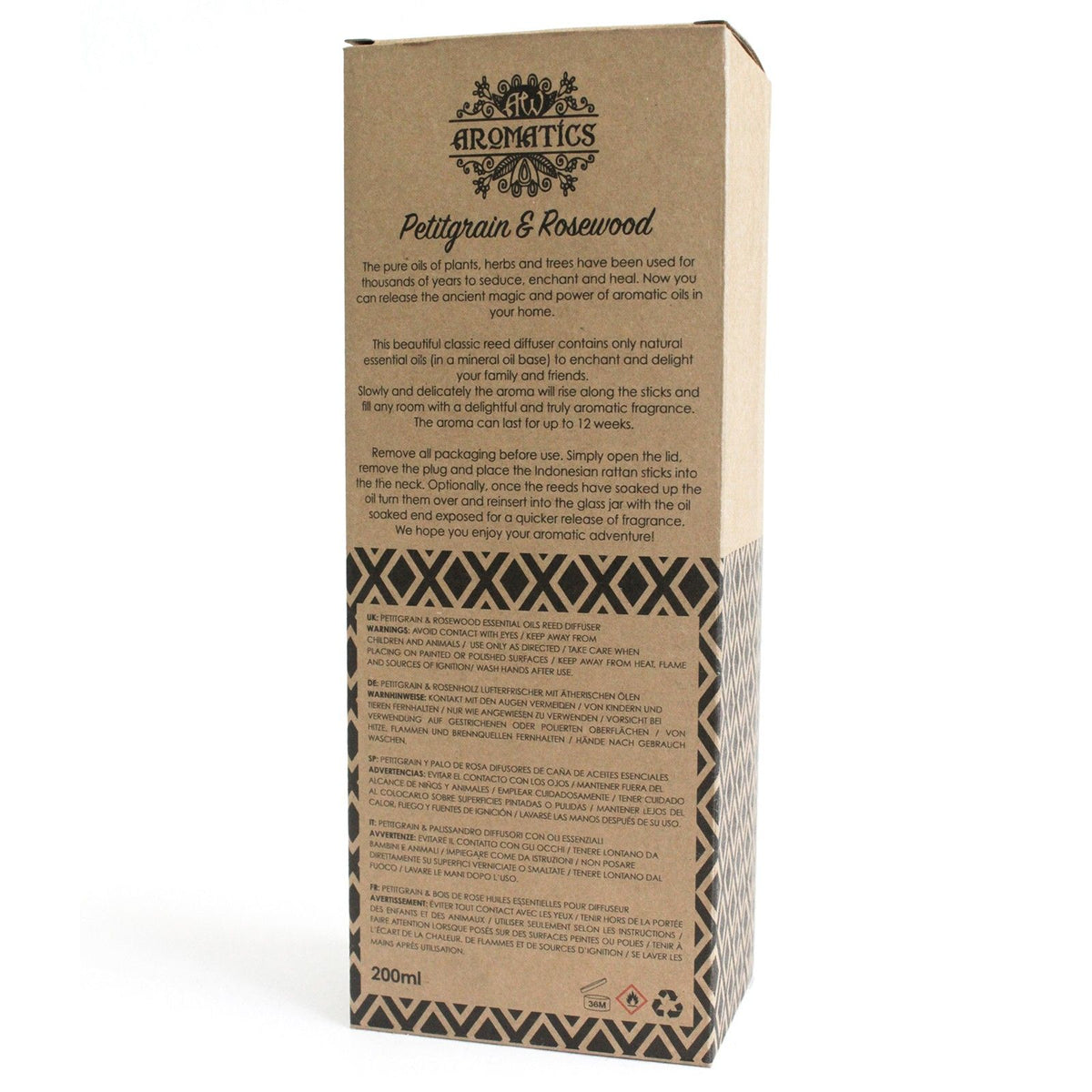 DIFFUSEUR D'HUILES ESSENTIELLES BÂTONNETS - PETIT-GRAIN & BOIS DE ROSE - 200ml - Fabriqué en Angleterre
