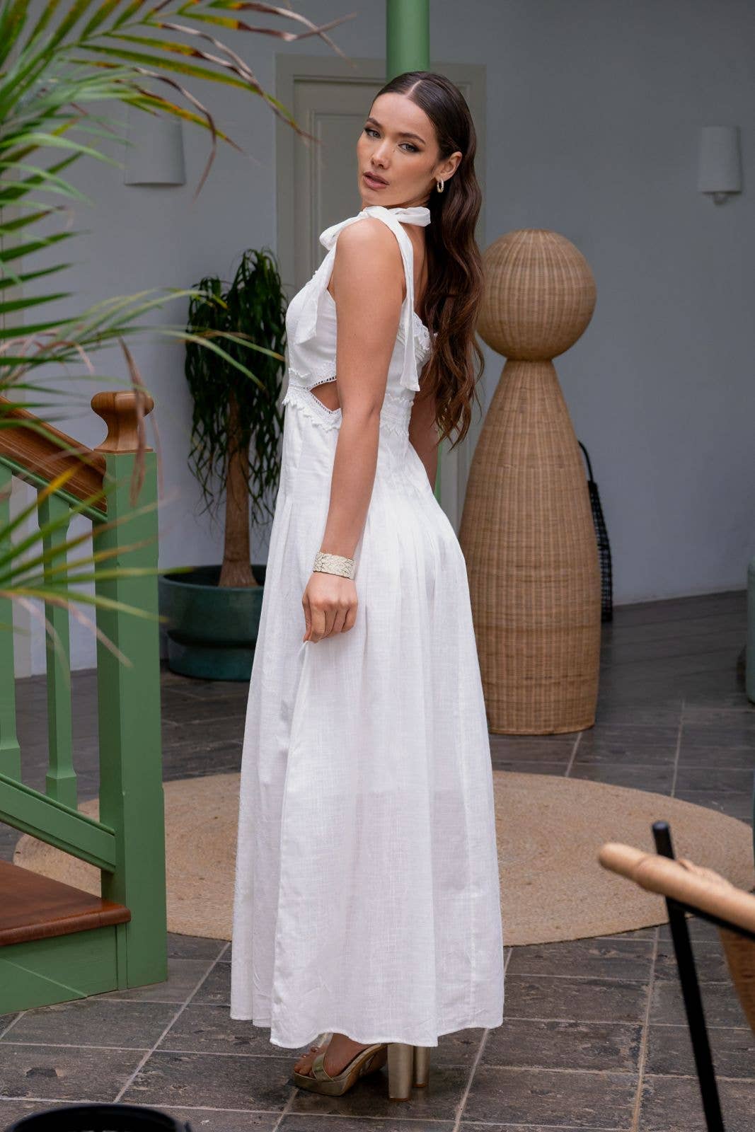 LONG DRESS WITH TIE STRAPS - HAND-CRAFTED DETAILS WHITE - PARIS