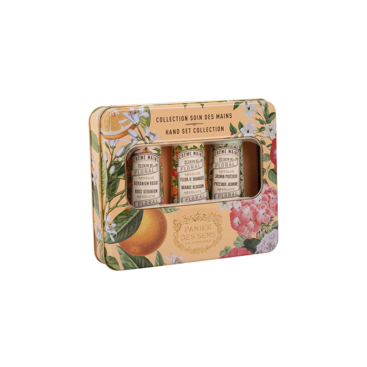 KIT MAINS -PREMIUM- BOÎTE MÉTAL Jasmin, Fleur d’Oranger et Géranium-rose. Fabriqué en France