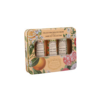 KIT MÃOS -PREMIUM- CAIXA DE METAL Jasmim, Flor de Laranjeira e Gerânio-rosa. Made in France