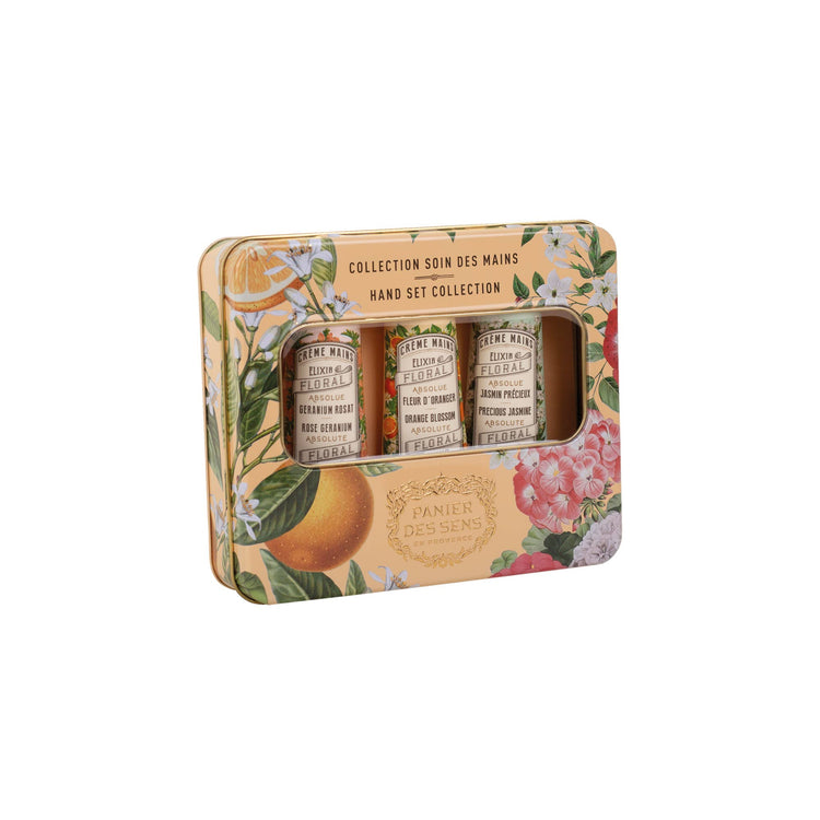 KIT MÃOS -PREMIUM- CAIXA DE METAL Jasmim, Flor de Laranjeira e Gerânio-rosa. Made in France